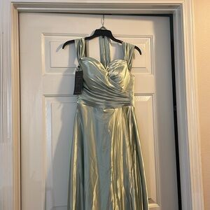 Satin sage maxi dress, perfect for any wedding.